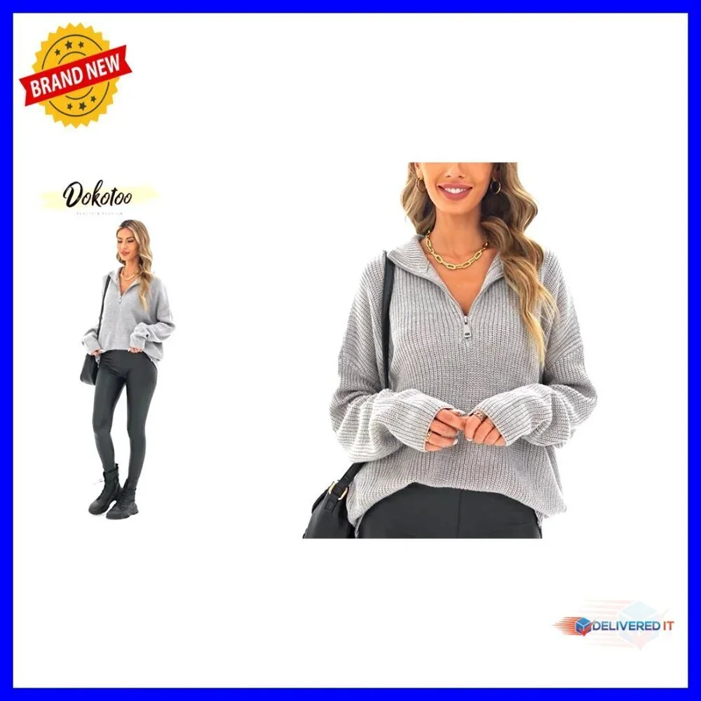 Long Sleeve 1/4 Zip Pullover Sweater V Neck Chic Casual Stretchy Knit Top
